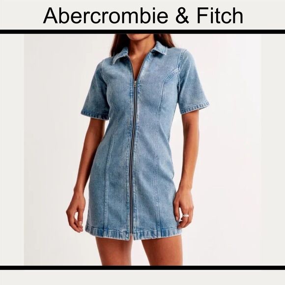 Abercrombie & Fitch Dresses & Skirts - Abercrombie & Fitch Denim Full Zip Mini A-line  Dress Blue Wash Sz Large Tall